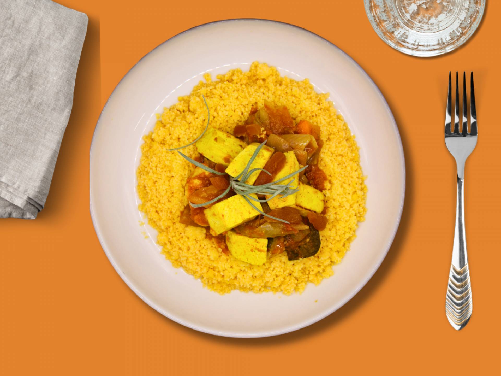 Tajine de tofu, couscous de maïs et légumes